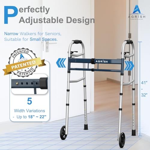 Agrish Narrow Walkers for Seniors, Adjustable Width Narrow Walkers for Small Spaces, Folding Slim Walker - Standard Walkers for Elderly, 350 LBS Heavy Duty Narrow Walker for Small Doorways