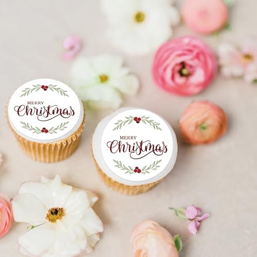 40 Pcs Edible Merry Christmas Cupcake Toppers Wafer Paper Picks for Baby Shower, Christmas Party, New Year Holiday Party Supplies