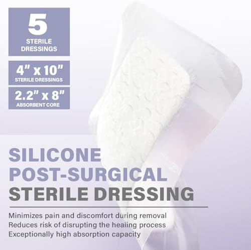 EVERLIT Post-Surgical Dressing | Sterile Waterproof Adhesive Dressing for Post-Operative Wound Care | Hypoallergenic Silicone Coated Bandage for Surgical Incision Pack of 5 (4" x 10")