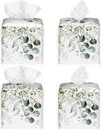 Eucalyptus Leaves and Flowers Tissue Box Cover Square,Watercolor Green Leaves Branches Tissue Box Holder Waterproof Leather Facial Paper Organizer Dispenser for Bathroom Home Car Nightstand Vanity