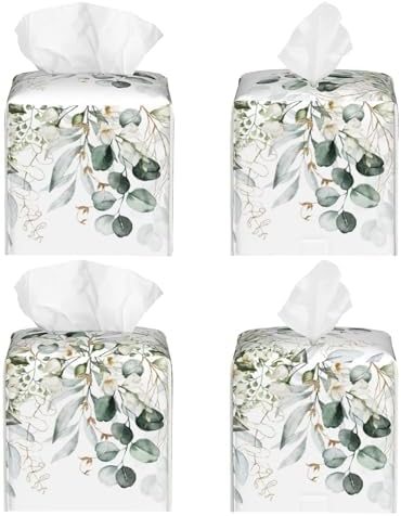Eucalyptus Leaves and Flowers Tissue Box Cover Square,Watercolor Green Leaves Branches Tissue Box Holder Waterproof Leather Facial Paper Organizer Dispenser for Bathroom Home Car Nightstand Vanity
