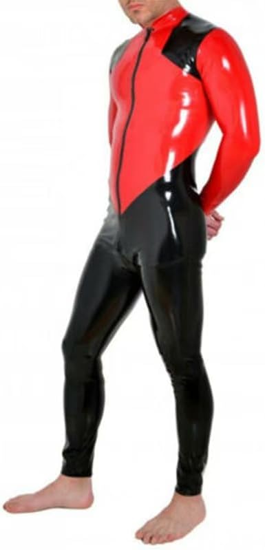 Men Latex Catsuit Patchwork Color Black and Red Rubber Bodysuit Clothing Front Crotch Zipper