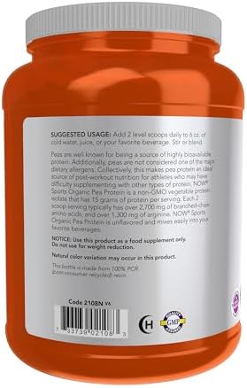 NOW Foods Sports Nutrition, Certified Organic Pea Protein 15 Grams, Unflavored Powder, 1.5-Pound