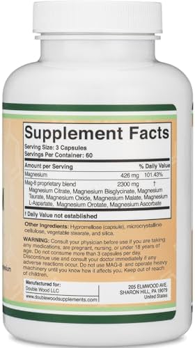 Magnesium Complex Supplement 180 Capsules (426mg Elemental Magnesium Provided by 2,300mg of Eight Different Forms of Magnesium) MAG-8 Provides 100% Daily Recommended Value of Magnesium by Double Wood