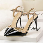 Studded Heels for Women Rivet T-Strap Slingback Wedding Stiletto High Heels Pointed Toe Bridal Daily Wear Sandals 3.5 Inch