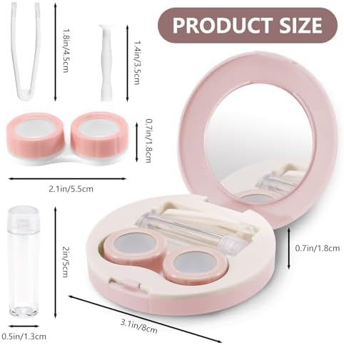 2 Pack Travel Contact Lens Case Kit, Portable Eye Contact Case with Mirror, Remover Tool, Tweezers & Solution Bottle, Lens Holder Box Container Storage for Outdoor Daily (Round, Pink)