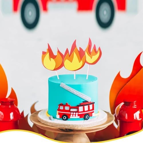 Fire Truck Cake Topper,Fire Cake Pick Fire Flame Cake Decorations for Firefighter Theme Kids' Birthday Pentecost Party Supplies