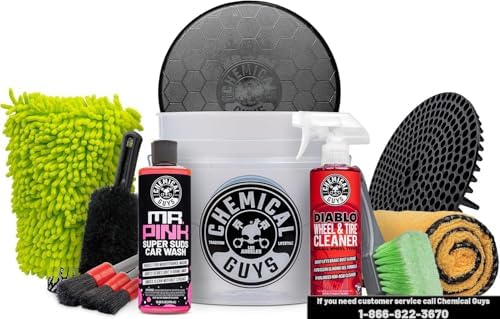 Chemical Guys Car Washing Kit - Mr. Pink Car Wash Soap, Diablo Wheel Cleaner, Wash Bucket with Dirt Trap and Lid, Wash Mitt, Detailing Brushes, Microfiber Towel, 12-Piece