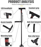 Walking Cane - Smart Cane with LED Light & Alarm, Foldable Adjustable, Double Handle, 4-Leg Base, Lightweight Mobility Aid for Seniors Balance, Men & Women, Travel-Friendly