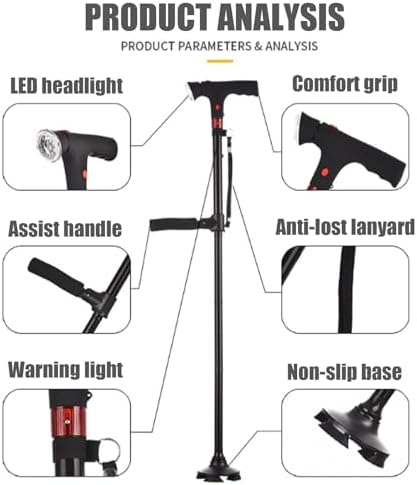 Walking Cane - Smart Cane with LED Light & Alarm, Foldable Adjustable, Double Handle, 4-Leg Base, Lightweight Mobility Aid for Seniors Balance, Men & Women, Travel-Friendly