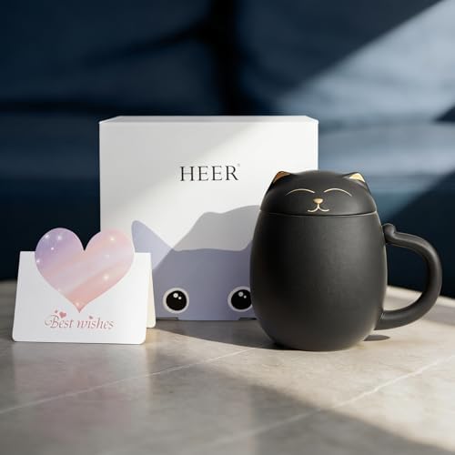 HEER Cat Tea Cup with Infuser and Lid - 13.5oz Ceramic Tea Mug - Cat Lover Gift for Friends Family. (Black)