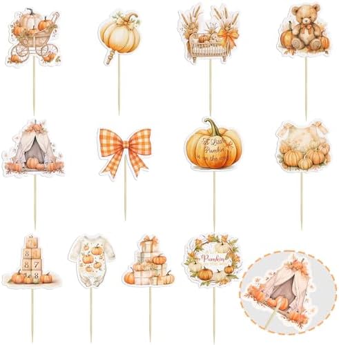 Gyufise 36Pcs A Little Pumpkin is on the Way Cupcake Toppers Carriages Floral Pumpkin Baby Shower Cake Decorations for Baby Boy Girl First Birthday Gender Reveal Party Supplies Favors Orange