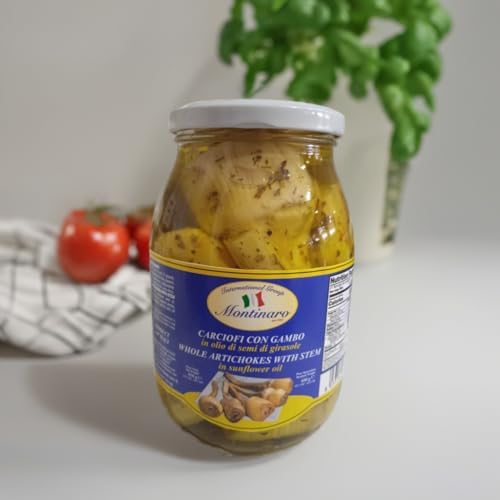 Montinaro Italian Artichoke Hearts with Stems – Roman Style – Marinated in Olive Oil – Ready to Serve – Gourmet Antipasto Jar – 2.2 lb (1kg) – Imported from Italy