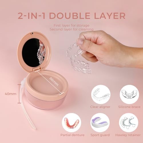Denture Case, 2-in-1 Retainer Cleaner Case with Mirror & Strainer, Portable Aligner Bath Soaking Cup for Travel, Cute Orthodontic Storage Box for Mouth Guard, Night Guard & False Teeth, Pink