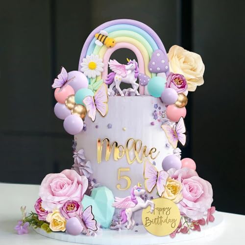 38pcs Unicorn Cake Toppers Rainbow Cake Decorations, Flower Birthday Decor with Butterflies and Mini Balls for Boys and Girls Unicorn Theme Party Supplies