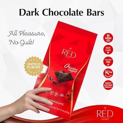 Red Delight Snack Size Dark Chocolate Bars - Pack of 2, 30oz (With 60 Diamond-Shaped Dark Chocolates) - Low Carb, Kosher, No Added Sugar, Gluten-Free - Smooth European-Style Healthy Birthday Treat