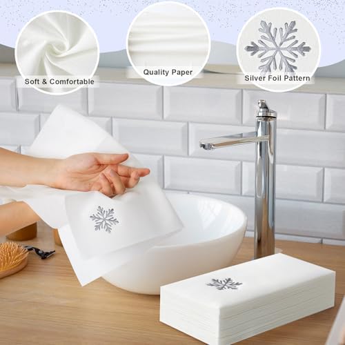 50 Pack Silver Snowflake Napkins, Linen-Feel Disposable Guest Towels Winter Snow Napkins for Elegant Dinner Party Table Decor