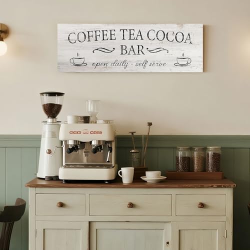 Coffee Tea Cocoa Bar Sign Decor Farmhouse Wall Plaque with Wood Grain Retro Cafe Canvas Prints for Bar Decor Open Daily Self Serve Kitchen Cafe Pub Nook Decoration Accessories 8"x24"