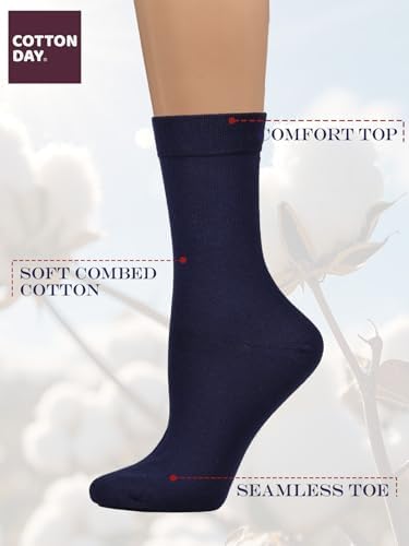COTTON DAY Women's Soft Combed Cotton Dress Socks Seamless Toe Black White Gray Navy Blue Brown Beige