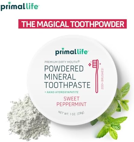 Primal Life Organics - Dirty Mouth Toothpowder, Tooth Cleaning Powder, Flavored Essential Oils with Natural Kaolin & Bentonite Clay, Good for 200+ Brushings, Organic, Vegan (Sweet Peppermint, 1 oz)