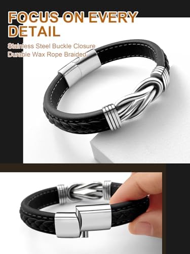 Mens Black Braided Leather Bracelet, Green/Red/Brown/Black Braided Leather Infinity Knot Bracelets for Men with Stainless Steel Clasp, 7.5/8.5/9in Length