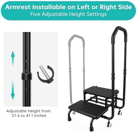 2 Step Stool with Handrail & 2 Casters for Elderly, Bed Steps for High Beds for Adults, Non Slip Platform and Adjustable Handrail, for Kitchen Bathroom RV Bathtub, Assist Rail for Elderly, black