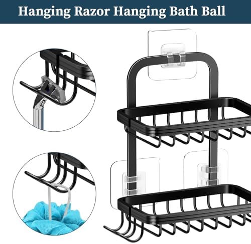 2 Tier Soap Bar Holder for Shower, Aluminum Wall Mounted Rustproof Soap Holder with 4 Hooks and Razor Holder, Shower Rack Soap Tray Bar Soap for Bathroom Accessories Organizer Black