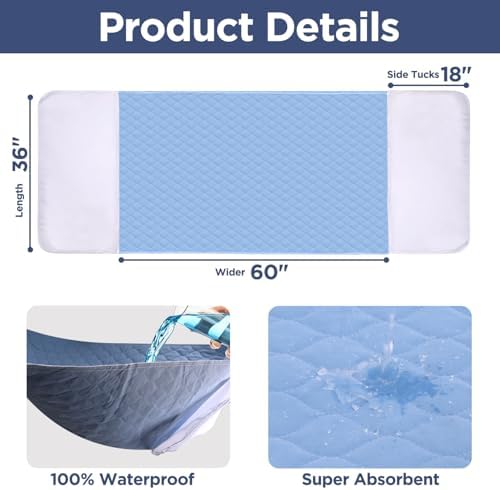 Saddle Style Washable Bed Pad for Incontinence, Waterproof and Reusable Underpad with Tuck-in Sides, Leakage & Sweat Mattress Protector for Adults, Full/Queen 36x60 inch Bed Pads (2 Count,Blue)