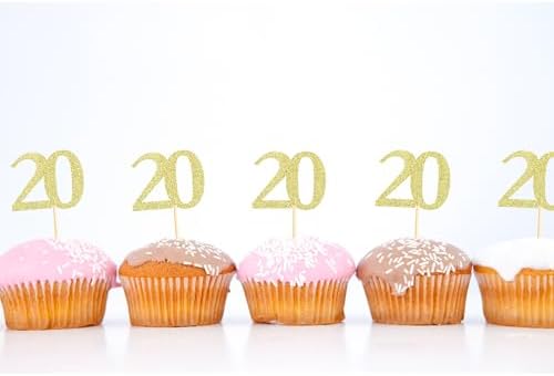 Sotpot 30PCS Gold Glitter 20th Birthday Cupcake Toppers Cheers to 20 Years Cupcake Picks for 20th Birthday Anniversary Party Decorations