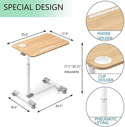 ETHU Overbed Table with Hydraulic Lift, 27.1-34.2 Inch Height Adjustable Bed Table with Lockable Casters - Wood Grain Tabletop with Cup Holder & Charging Slot, 22lbs Capacity Rolling Bedside Desk