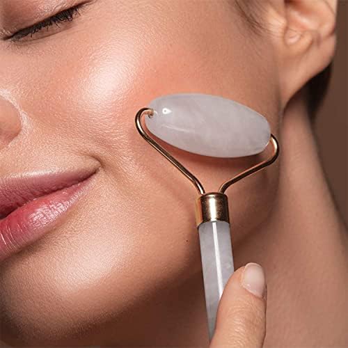 C CRYSTAL LEMON Rose Quartz Facial Roller for Face and Neck, Dual-End Natural Stone Face Roller, Cooling Massage Tool for Puffiness Appearance, Smooth Rolling Skincare Accessory