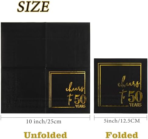 50PCS Cheers to 50 Years Cocktail Napkins, Black & Gold 50th Birthday Napkins,5x5 Inches 3-Ply Disposable Beverage Party Napkin for Birthday, Wedding, Anniversary