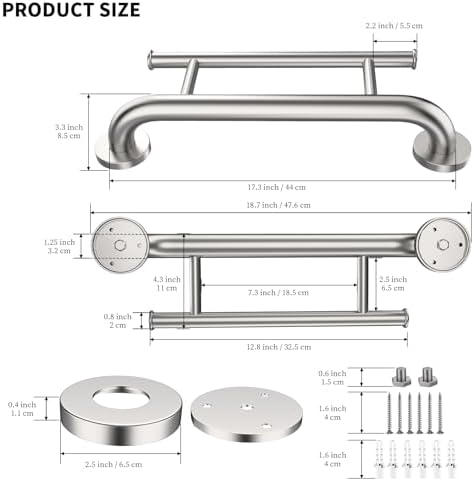 Brushed Nickel Grab Bar 17 Inch w/Towel Holder, iHansee Stainless Steel Shower Towel Bar Bathroom Balanced Support Handle, Wall Mount Safety Handrail Grab Rail for Elderly Senior Handicap Disabled