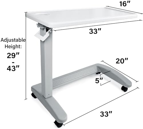 Vaunn Medical Pneumatic Adjustable Overbed Exam Bedside Table with Wheels (Hospital and Home Use), New Tabletop, Light Gray