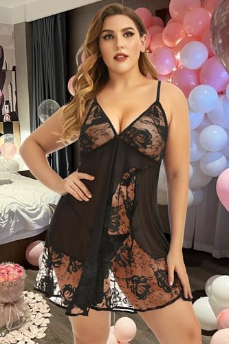 ADOREJOY Women's Lingerie Lace Babydoll Plus Size Sleepwear Nightwear Mesh Chemise