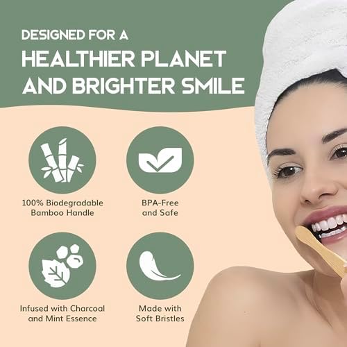 Greenzla Bamboo Toothbrushes, Wooden Toothbrush Set with Soft Bristles, Includes Travel Case and Charcoal Dental Floss, 4 Pack