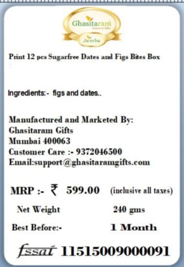Ghasitaram Gifts Indian Sweets - Diwali Gifts Sweets- Blue Print 12 pcs Sugarfree Dates and Figs Bites Box
