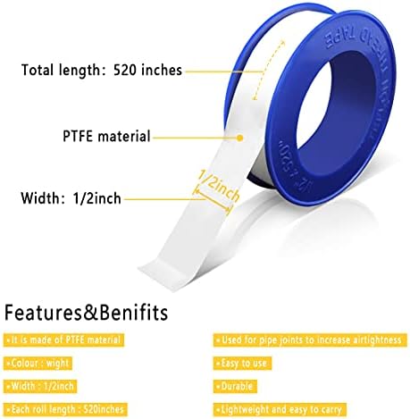 VOTMELL 4 Rolls 1/2 Inch(W) X 520 Inches(L) Teflon Plumbers Tape,Pipe Sealing & Plumbing Thread Tape,PTFE Water Sealant Seal for Shower Head,White