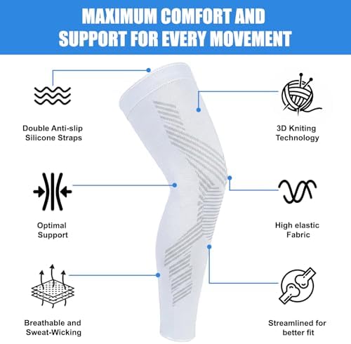 NuCamper Full Leg Compression Sleeves for Men and Women,2 Pack Legs Sleeves Long Knee Brace Support for Running, Basketball, Cycling, Workout, Sports - White,XL