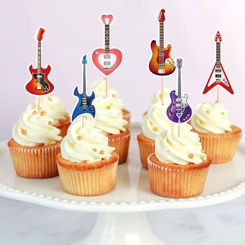 24pc Guitar Cupcake Toppers - 6 Styles, 4pcs Each - Music Themed Birthday Party Decoration