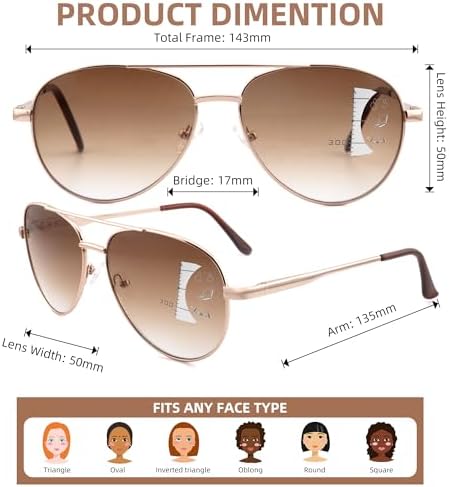 Progressive Sunglasses With Gradient Colour Lens,Classic Men's Command Aviator Metal Reading Glasses