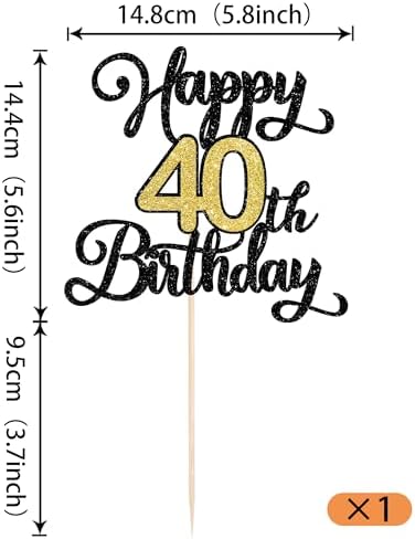 Rsstarxi 1 Pack Happy 40th Birthday Cake Topper Black Gold Glitter Cheers to 40 Years Birthday Sign Cake Pick Hello 40 Theme Cake Decorations for Fabulous Forty Birthday Party Cake Decorations