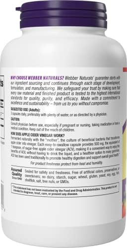 Webber Naturals Apple Cider Vinegar Capsules, ACV with Mother, 1500 mg per Serving, High Potency, 240 Capsules = 80 Servings, Natural Digestion Support, Sugar, Dairy & Gluten Free
