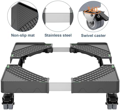 Mini Fridge Stand with 4 Locking Wheels 15.7""-23.6"" Adjustable Dolly Washing Machine Stand Universal Stand Base for Furniture Portable Refrigerator Dryer Stand (Black)