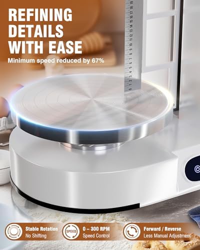 WantJoin Cake Decorating Machine - 4-12 Inch Sloped Panel LED Automatic Cream Spreading with Adjustable 0-300 RPM Rotation Speed Electric Turntable, Cake Icing Machine, with 3 Scraper Sets,White