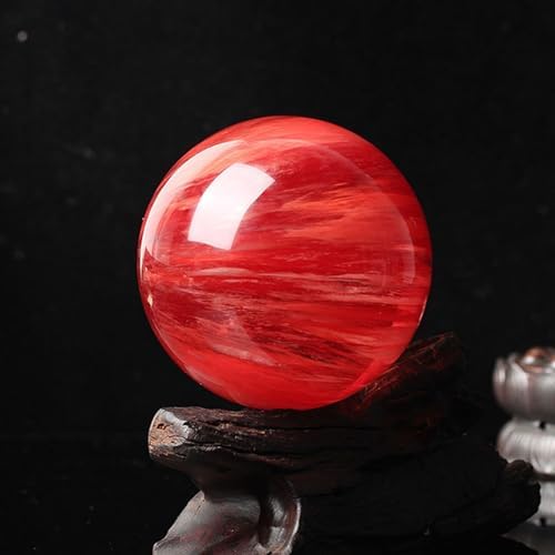 Red Crystal Ball Smelting Stone Sphere with Wood Stand Quartz Gemstone for Feng Shui Home Decoration,6cm