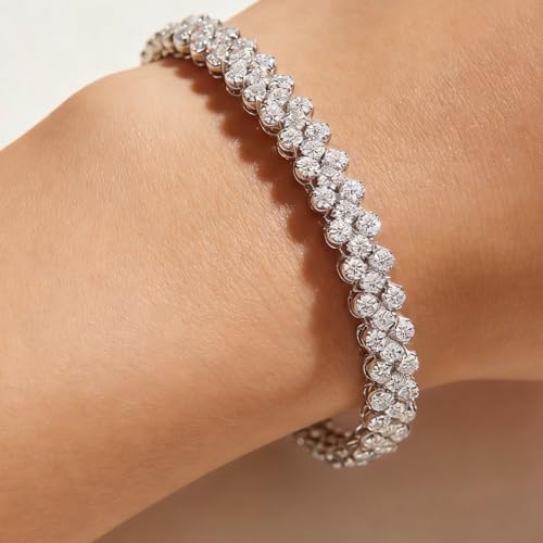 2-Pack 925 Sterling Silver Rhinestone Tennis Bracelets for Women, Vintage Couples Hollow Wavy Design Bangles with Secure Clasp, Elegant Jewelry for Wedding, Party, Evening Wear