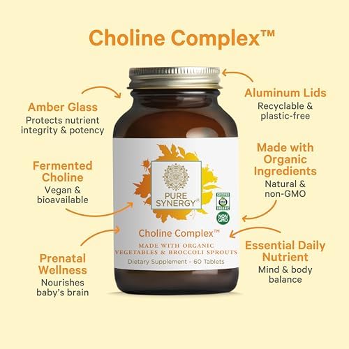 PURE SYNERGY Choline Complex | Vegan Choline Supplement Made with Organic Whole Foods | Non-GMO Bioavailable Complex | for Pregnancy, Brain, and Liver Health (60 Tablets)