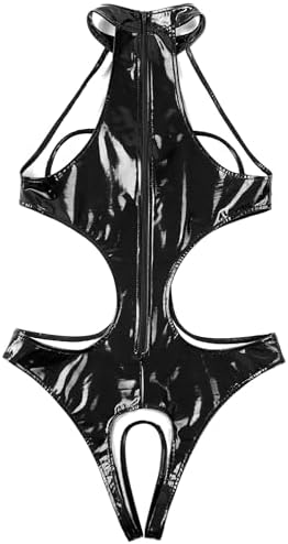 Jugaoge Women's Catsuit Wet Look PVC Leather Halter Neck Bodysuit One Piece Cutout Jumpsuit Clubwear