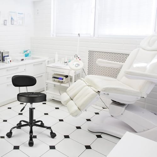 PU Leather Rolling Stool with Back Support Height Adjustable Swivel Stool Chair with Wheels Drafting Chair for Spa Slaon Massage Stable Base Foot Black